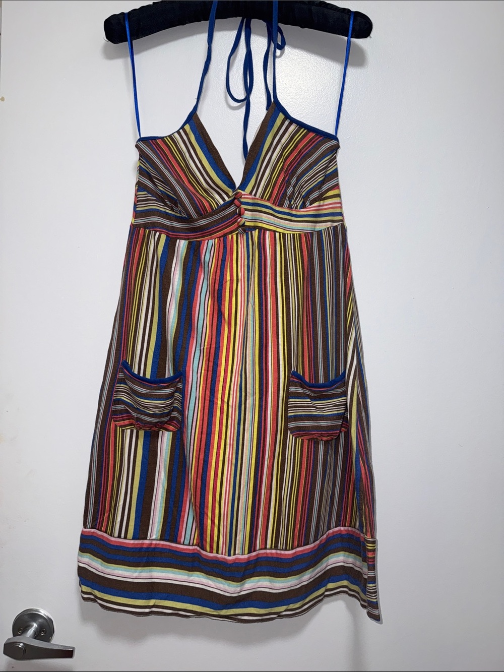 Oasis Multicolor Striped Halter Mini Dress with Blue Trim